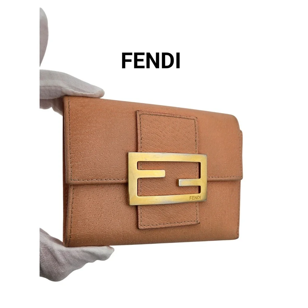 Fendi Peach Leather FF Logo Buckle Trifold Wallet Gold Hardware Compact